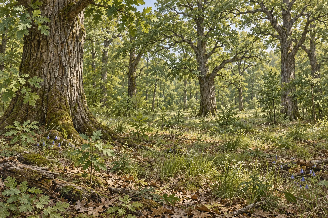 Ilustrowana scena widnej dąbrowy: grube pnie dębów, luźne korony, trawy i niewielkie rośliny zielne.