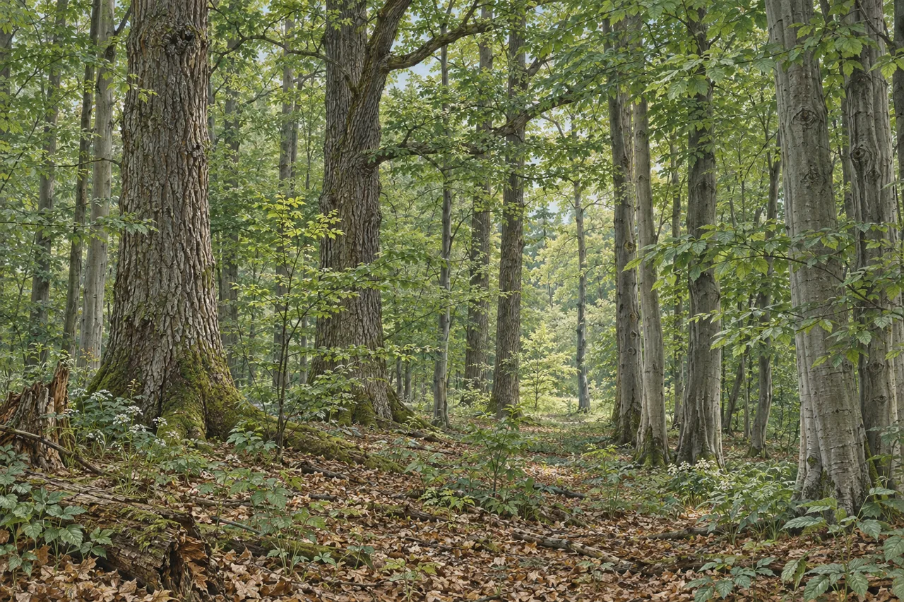 Ilustrowana scena grądu: grube dęby, smukłe graby pod ich koronami i liściasta ściółka.