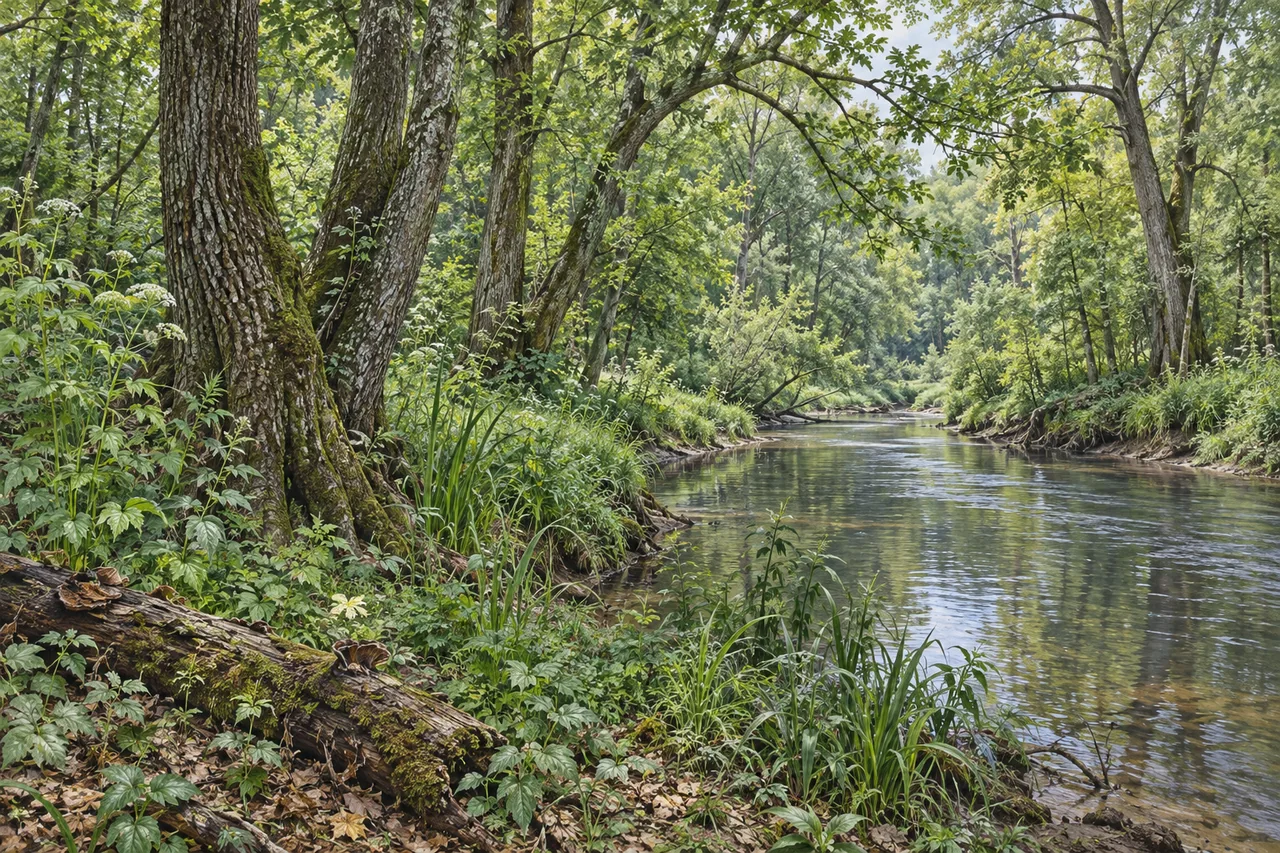 Ilustrowana scena łęgu: las liściasty nad rzeką, odsłonięte korzenie i bujna roślinność brzegów.