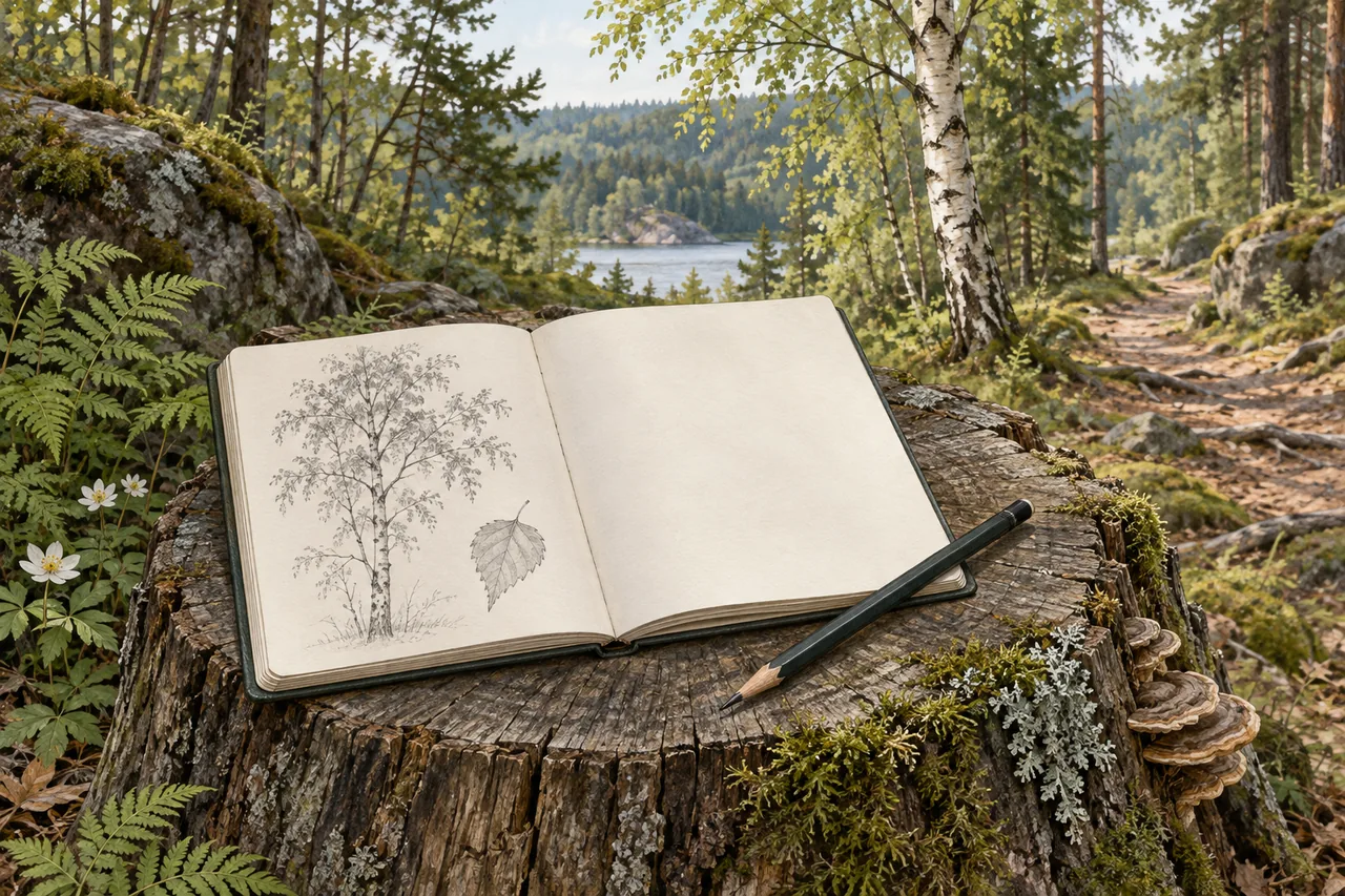 Notes z rysunkiem drzewa i ołówek na pniu.